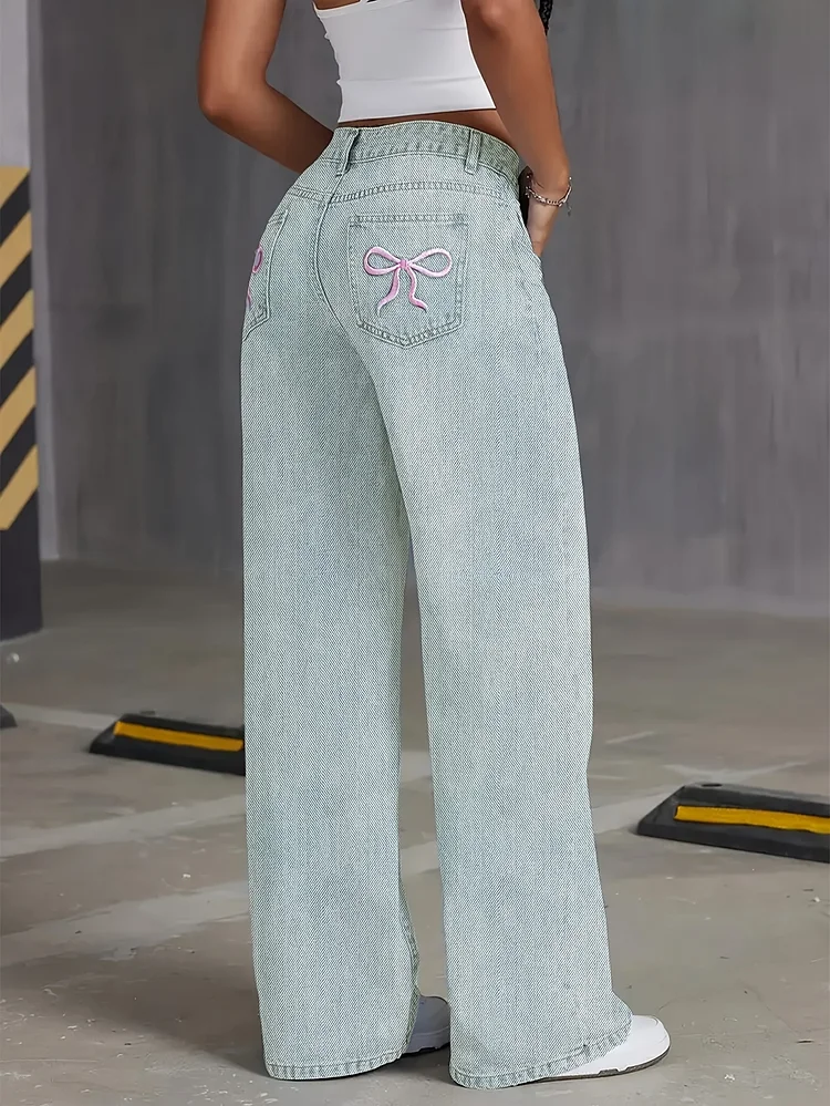 Women's High Waist Butterfly Embroidered Jeans - Sweet And Spicy Light Blue Printed Loose Straight Tube Style, Butterfly Knot Detail Casual Style