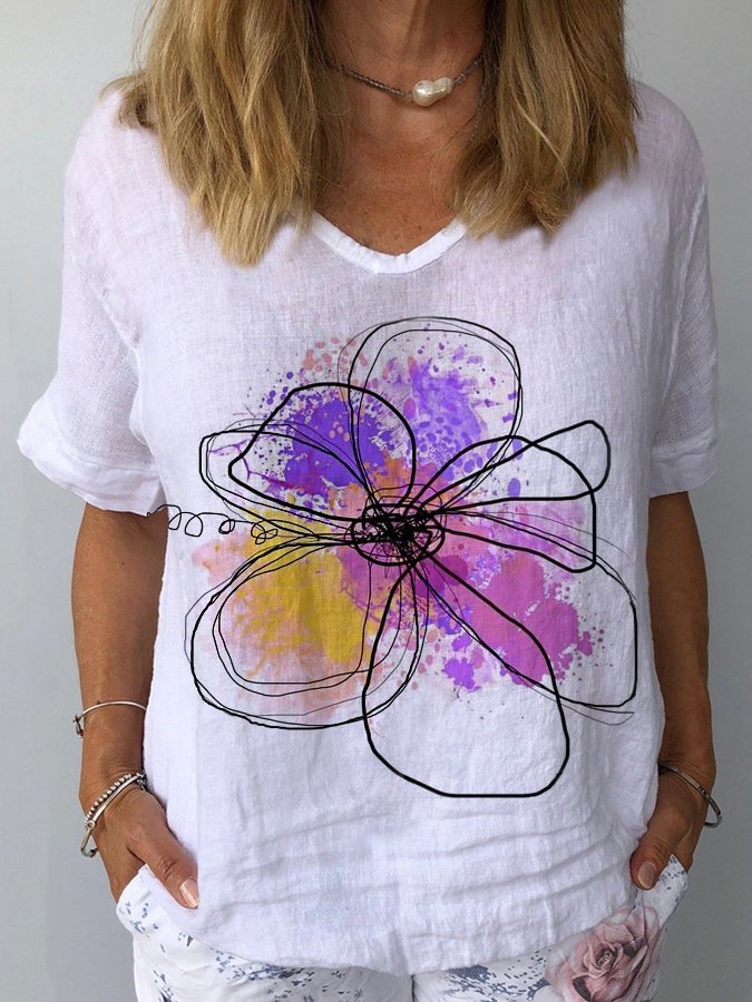 Women's Watercolor Floral Print Casual Cotton Shirt