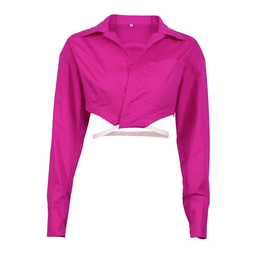 OOTN Pink Turn-Down Collar Cotton Long Sleeve Women Shirts Hollow Out Pullover Sashes Crop Top Spring Autumn Short Ladies Y2k