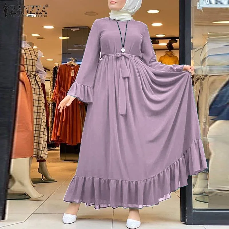 Dubai Abaya Turkey Hijab Dress Women Autumn Sundress Jilbab Islamic Clothing Caftan Marocain ZANZEA Long Sleeve Ruffles Sundress