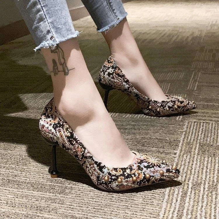 glitter crystal metal snow rivets single shoes red/black women wedding shoes pointed toe thin high heels slip on pumps stilettos