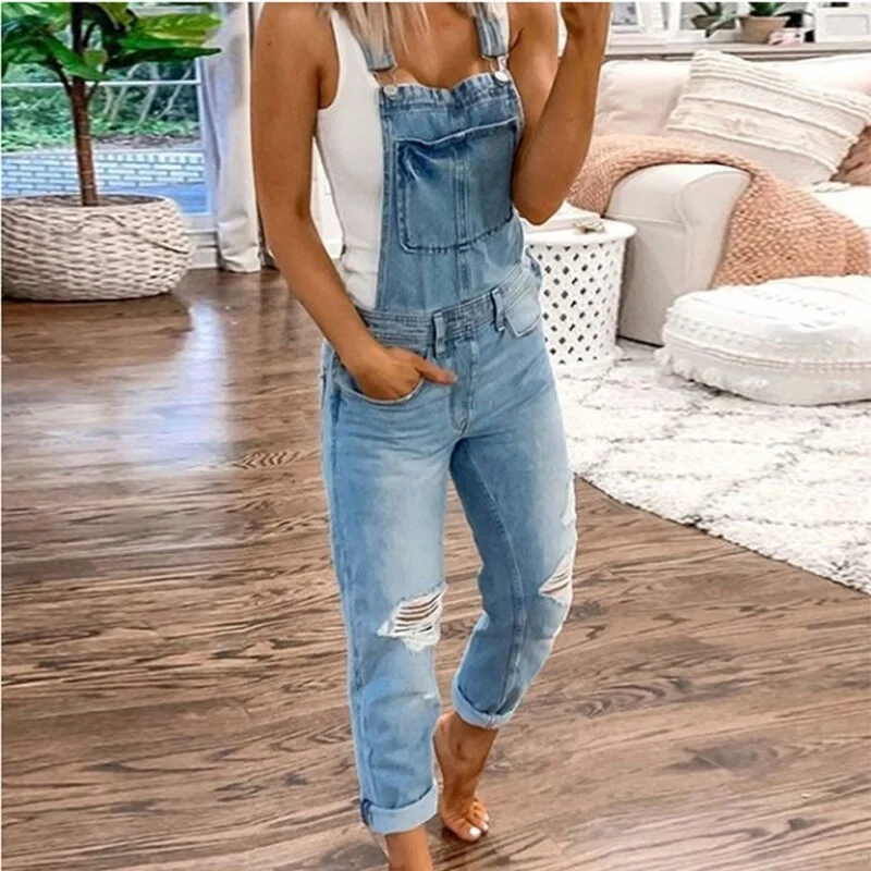 Back to School Spring Autumn Street Style Womens Jumpsuit Suspenders Mid Waist Slim Jeans Ripped Straight Leg Solid Color Siamese Trousers 6017