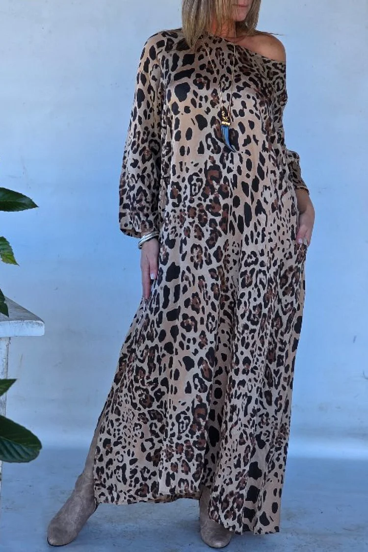 Plus Size Daily Brown Leopard Oblique Collar Long Sleeve Pocket Elegant Maxi Dresses [Pre-Order] 2024 - Xpluswear