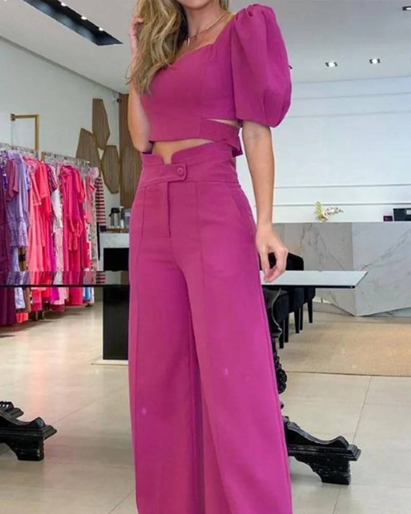 SOLID COLOR LACE UP SHORT SLEEVE TOP PANTS TWO PIECE SET