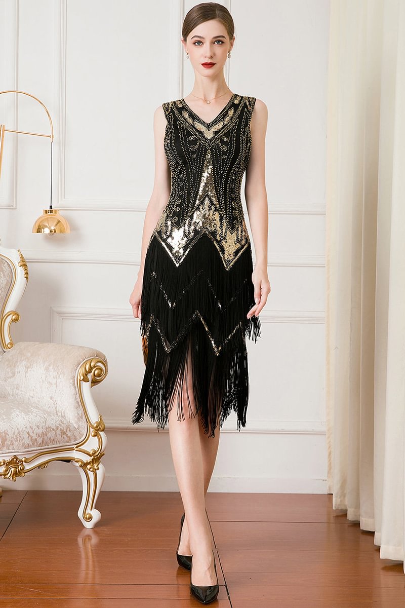 1920s Cocktail Party Black Gold Sequin Rhinstone Fringe V Neck Midi Dress