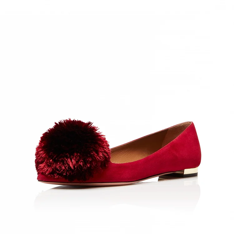 Red Cute Pom Pom Shoes Vegan Suede Pointy Toe Casual Flats |FSJ Shoes
