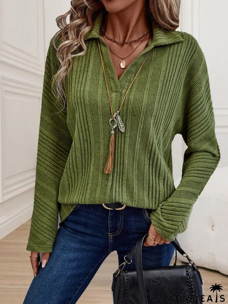 Women''s Solid Color Dolman Sleeve Ribbed Casual T-Shirt, Spring And Summer