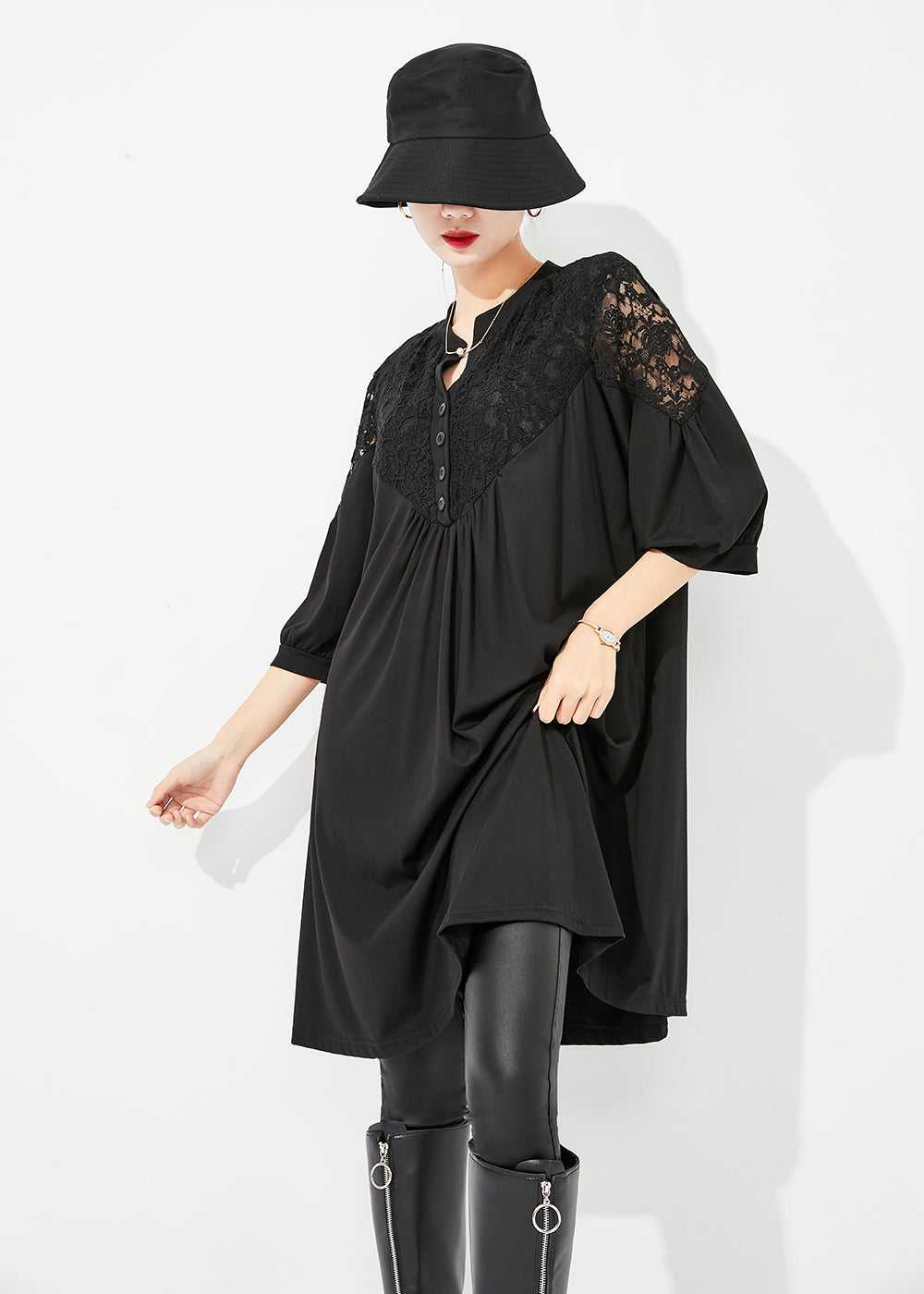 VCSHOES Black Lace Patchwork Hollow Out Wrinkled Cotton Dress Half Sleeve