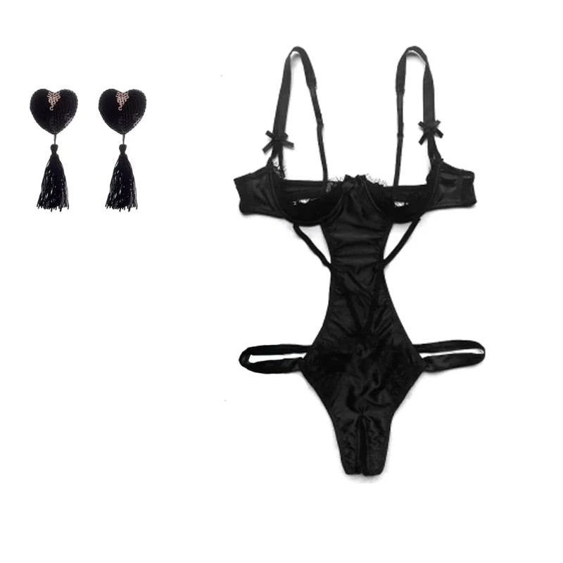 Lace Bow Backless Nightwear Teddy Lenceria Sexi Para Mujer Black Red Women Open Cupless Bra Crotchless Bodysuit Lingerie Sling