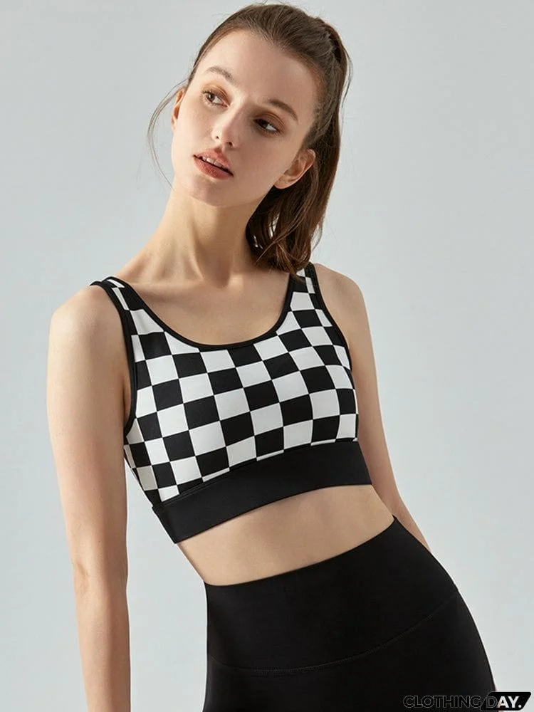 Round Neck Plaid Cropped Sports Tank Top