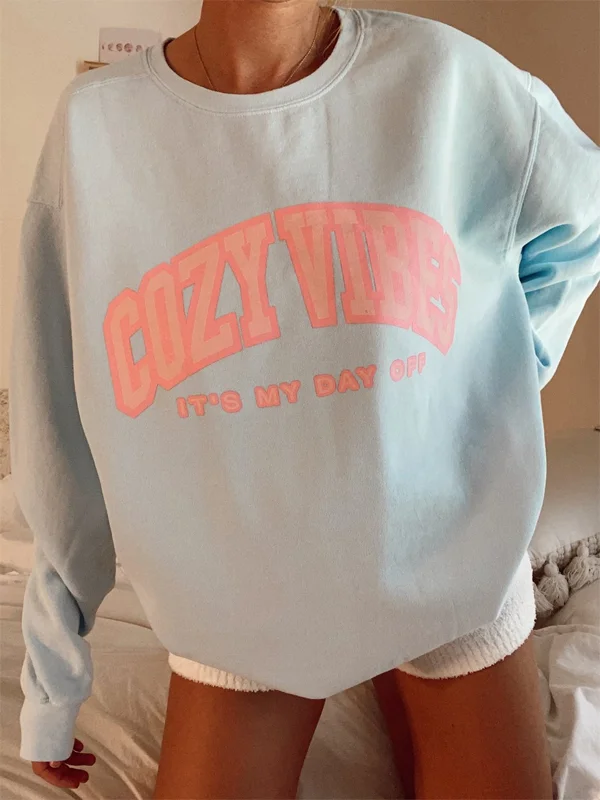 COZY VIBES Letter Crew Neck Sweatshirt
