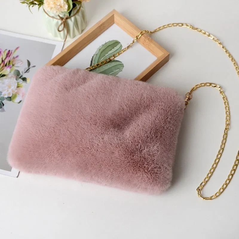 2021 Faux Fur Winter Women Shoulder Crossbody Bag Fashion Square Shaped Bag Female Chain Winter Warm Messenger Bag Plush Handbag