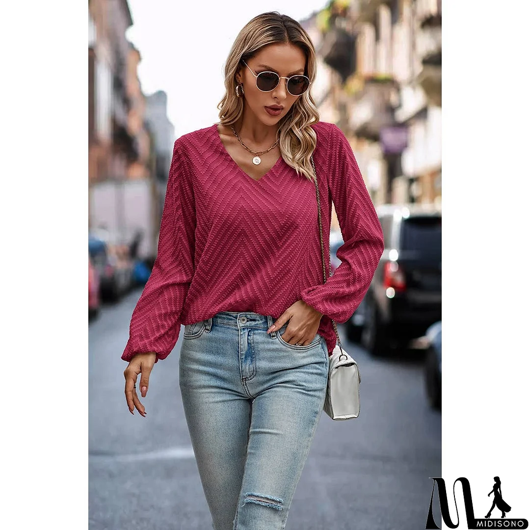 MidiSono - Chevron V Neck Long Sleeve Loose Top