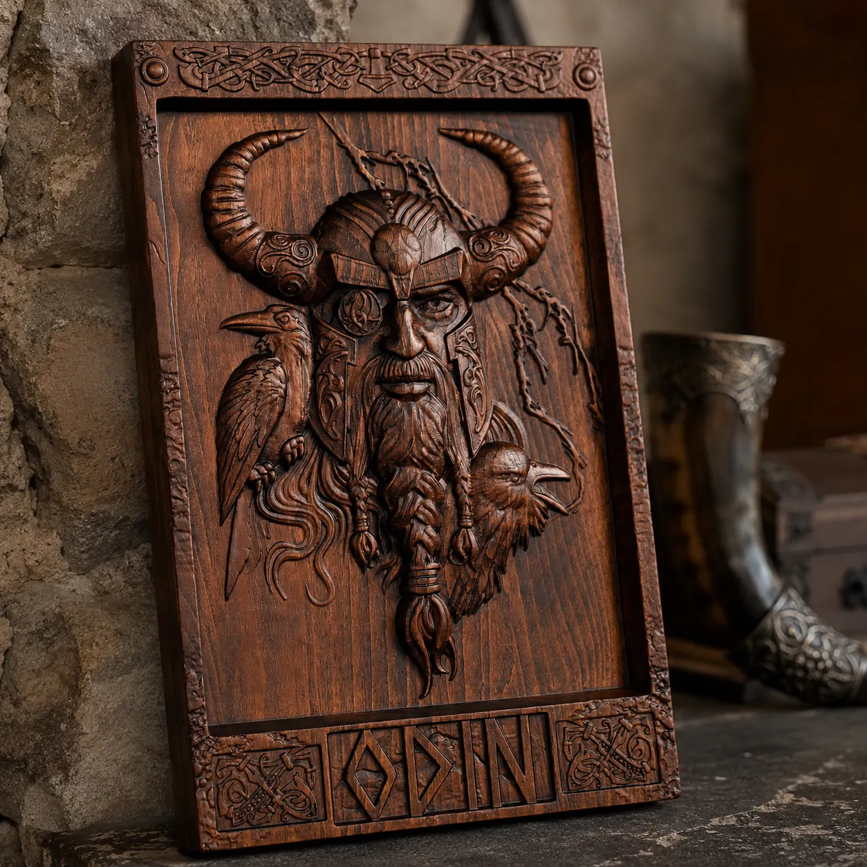 Wood-Carved Odin Wall Plaque: Ravens, Eyepatch & Runes &ndash; Viking Wisdom Awakens