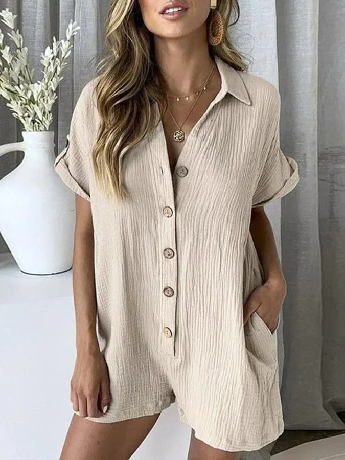 Women's Casual Solid Color Cotton and Linen Button Jumpsuit