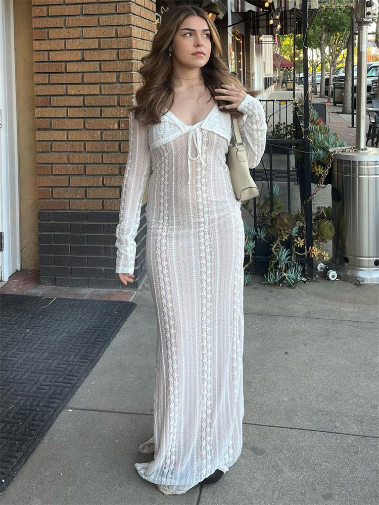 Ootddress Female Elegant Hollow Out Maxi Dress V-Neck Long Sleeve Split Party Dress Evening Tiered Fashion Summer Halter Dress 2025