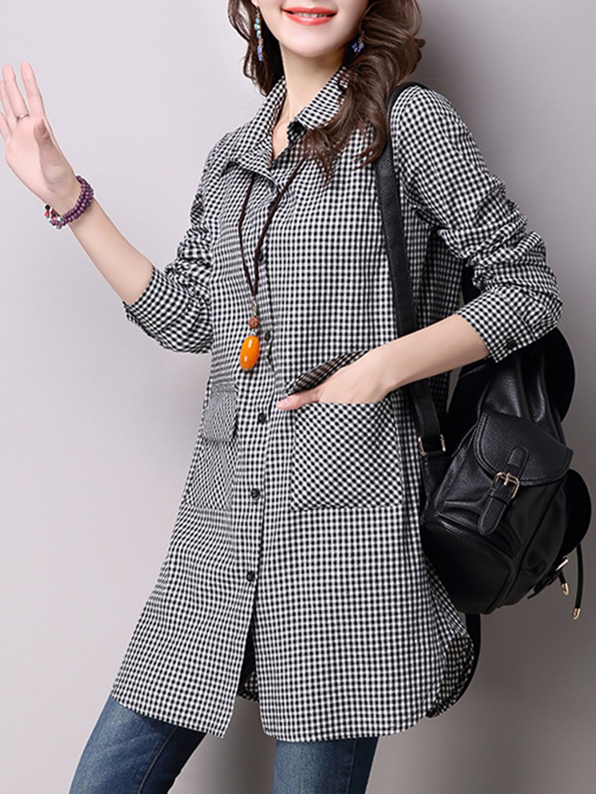 Black A-line Pockets Long Sleeve Checkered/Plaid Tunic Top