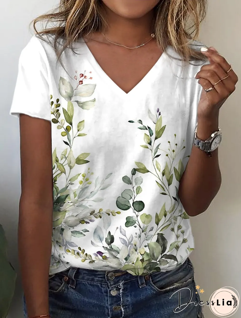 Leaves V neck Casual Short Sleeve T-Shirt
