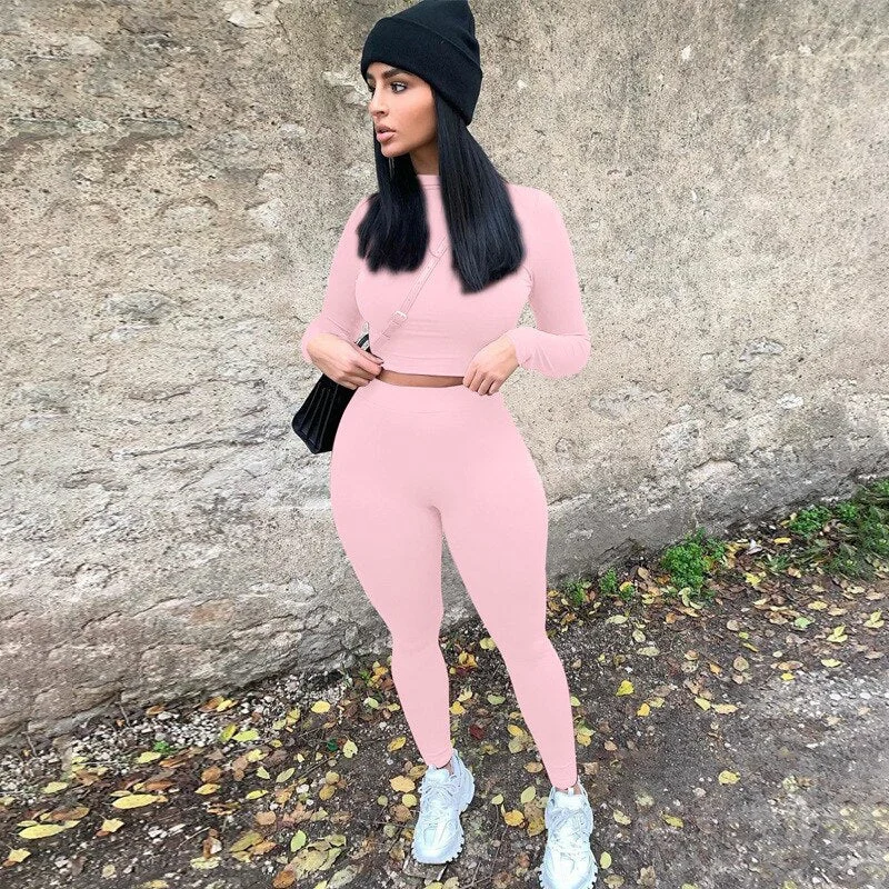 Women 2 Piece Set Solid Color Fall Autumn Fall Suit Sets Long Sleeve T-shirt Crop Tops High Waist Leggings Gym Workout Tracksuit