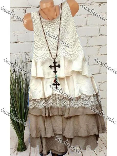 Women Round Neck Sleeveless Dress Lace Dress