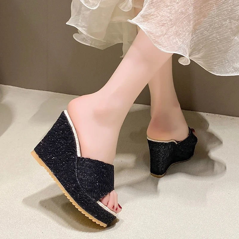 Yyvonne Large-Size Cool Slippers Women Summer New Slope With Fish Mouth Thick Words High And Cold Drag Woman Drag