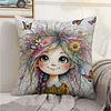 Quirky Girl 11CT Stamped Cross Stitch Pillow Cover Kit 3-Strand Embroidery with Zipper 45x45cm