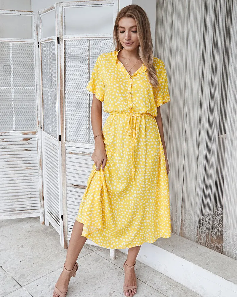 Women's Dress Midi Dress Female Elegant Bohemia Vestido Beach Party Outfit Dress Za Vintage Polka Dot V Neck Short Sleeve Autumn
