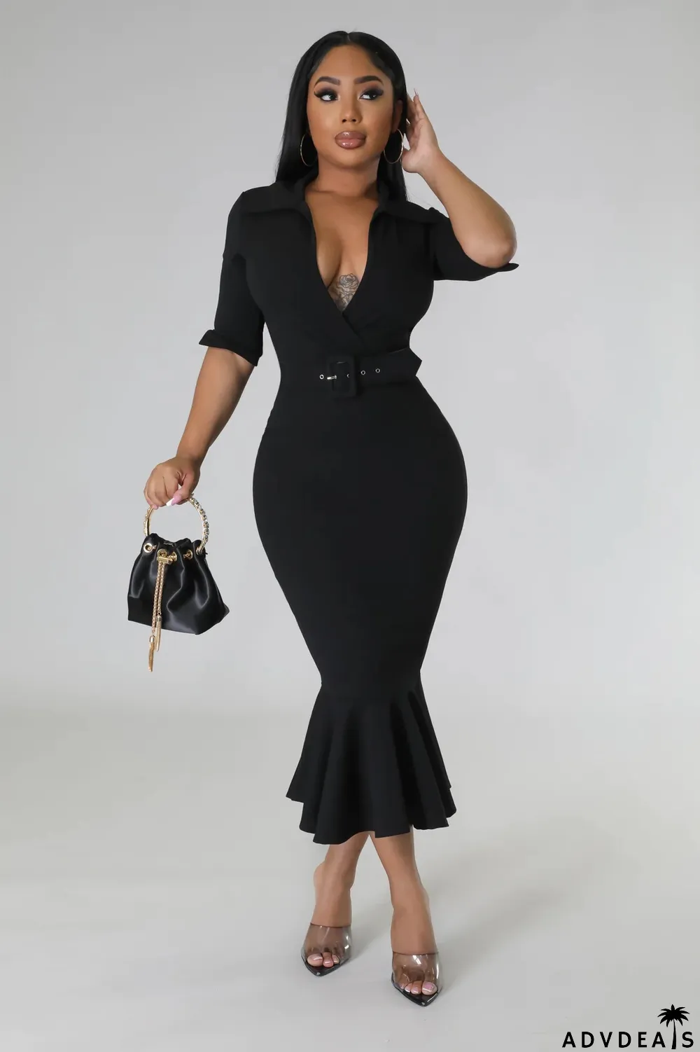 Solid Color Ruffles Waist Belt Midi Dress
