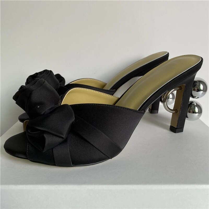 Novelty Strange Heels Modern Sandals Women Satin Rose Flower Butterfly-Knot Slingbacks Slim Shoes