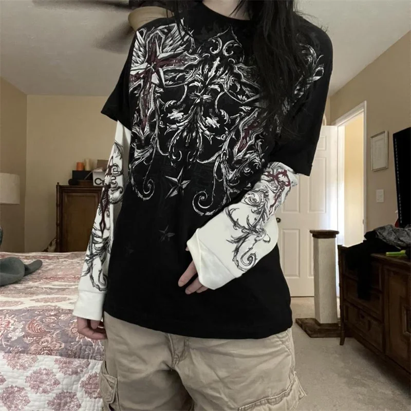 OLCooL Y2k Fairy Grunge Graphic Long Sleeve Tees Tops Women E-Girls Aesthetic Gothic Skull Print Retro T Shirts E girl Emo Clothes olcool