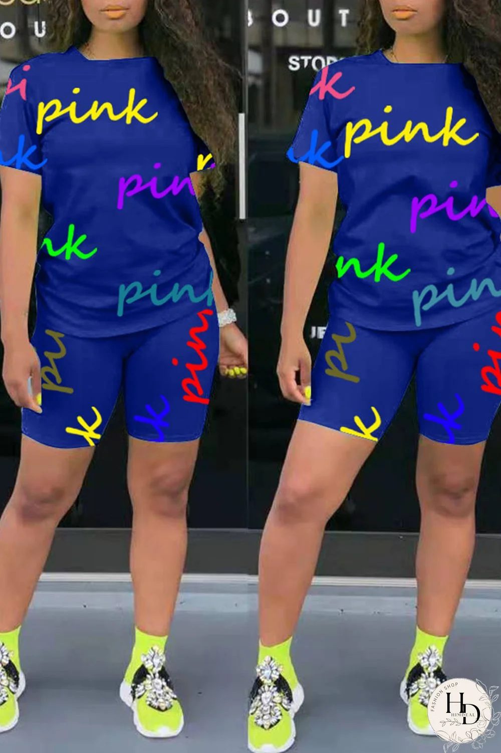Blue Casual Letter Print Patchwork O Neck Short Sleeve Two Pieces