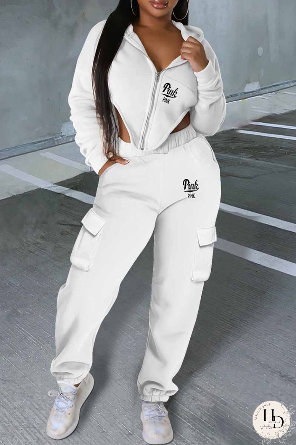 Brown Street Print Letter Asymmetrical Hooded Collar Long Sleeve Two Pieces