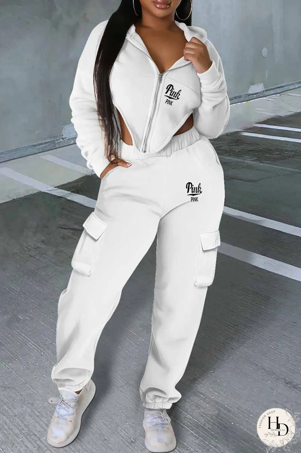 Brown Street Print Letter Asymmetrical Hooded Collar Long Sleeve Two Pieces