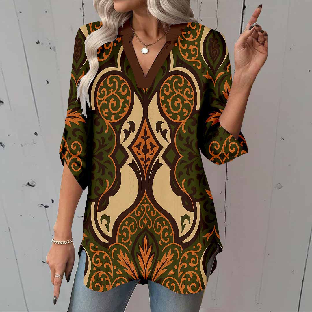 Women Tropical, Brown, Khaki DZGA0153 3/4 Sleeve V-neck Printed Graphic Button Tops