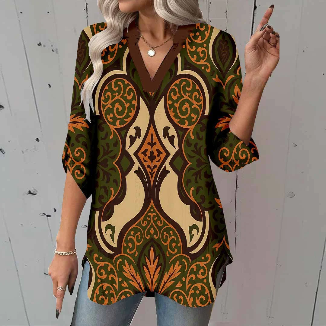 Women Tropical, Brown, Khaki DZGA0153 3/4 Sleeve V-neck Printed Graphic Button Tops