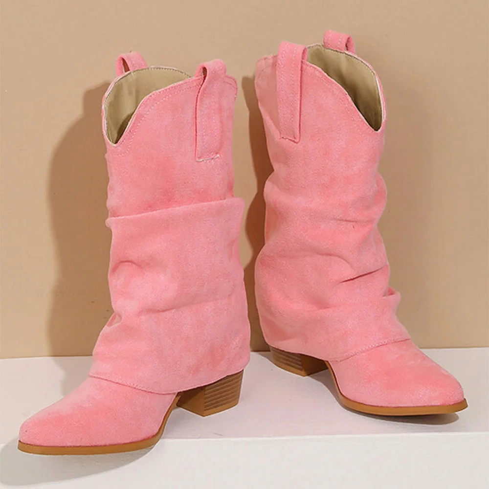 Fold Over Block Heel Snip Toe Pink Mid Calf Western Boots for Women