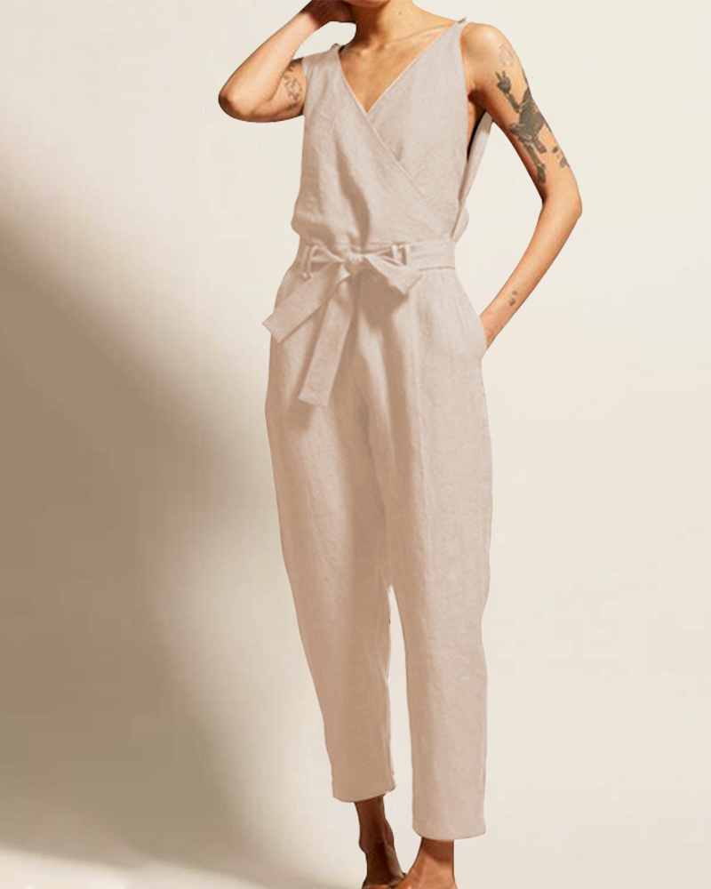 Double Take Full Size V-Neck Sleeveless Jumpsuit with Pockets main image 0