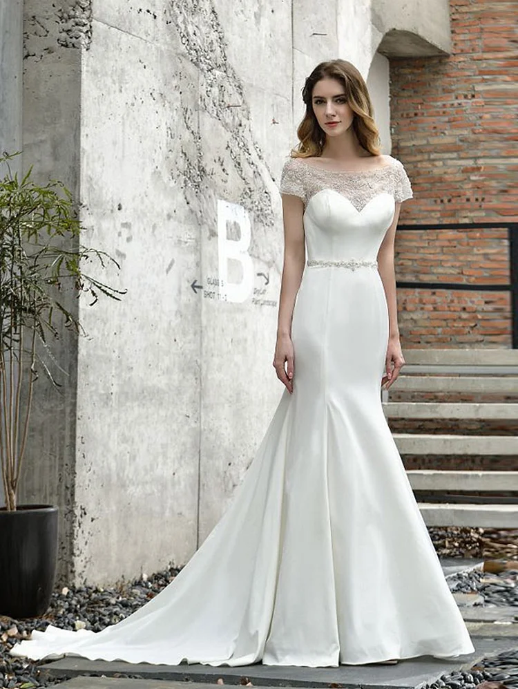 Women's Satin Mermaid Wedding Dresses for Bride with Short Sleeves Bridal Gown