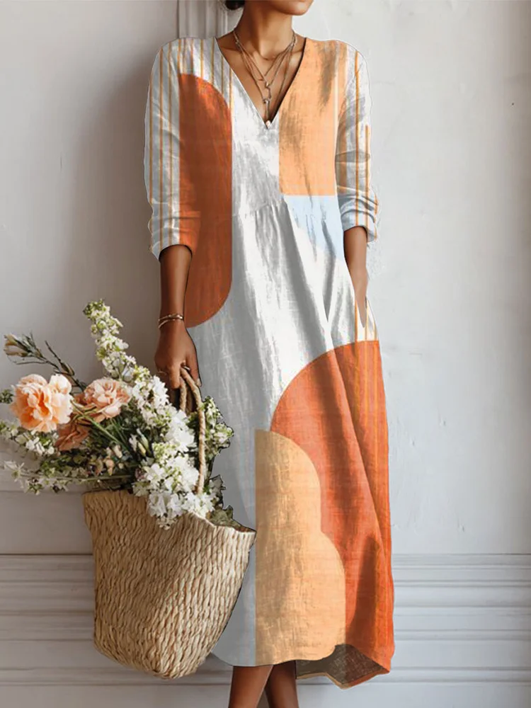 Women's Vintage Abstract Geometry Art Print Linen Pocket Dress