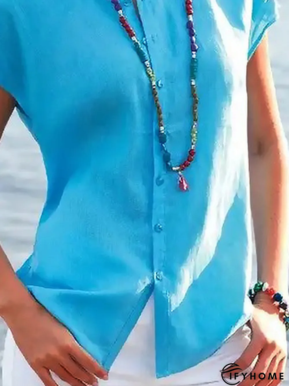 Plain Short Sleeve Casual Buckle Blouse | IFYHOME