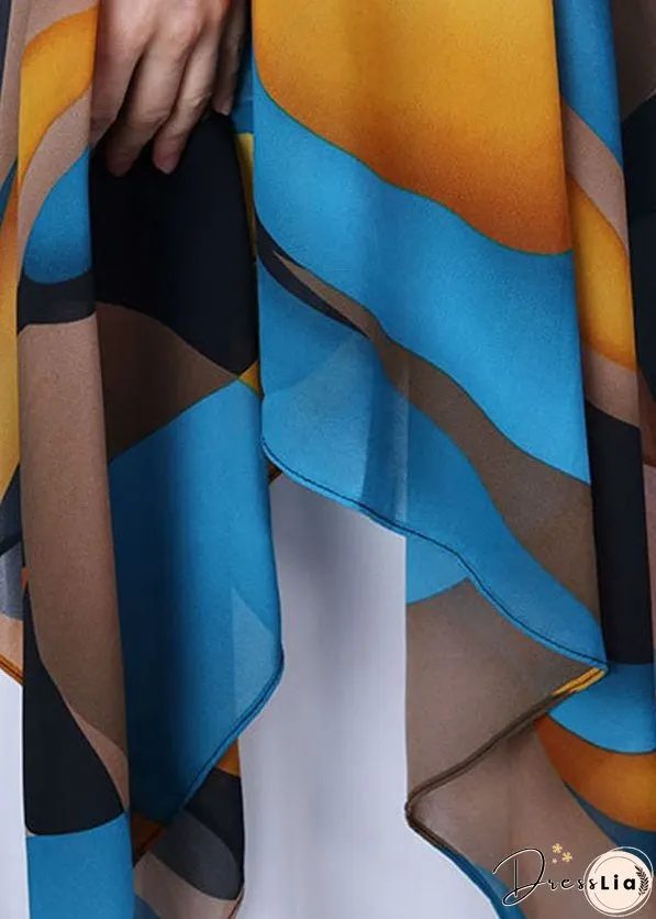 Women Yellow Blue Asymmetrical Design Print Chiffon Top Batwing Sleeve