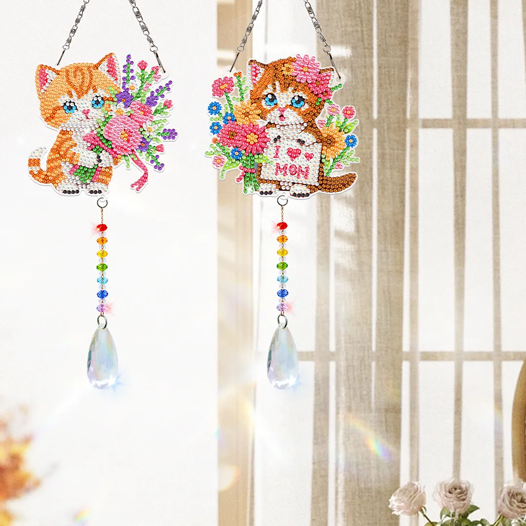 2Pcs Cat DIY Acrylic Diamond Painting Art Wind Chimes with Crystal Pendant Diamond Art Hanging Pendant Double-Sided for Adults Beginners Gift Home Garden Decor