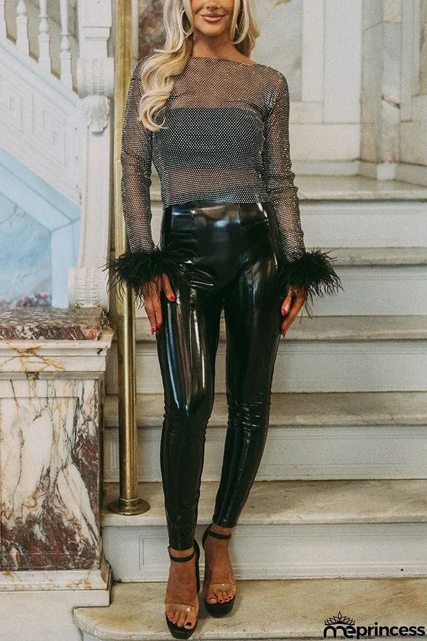 Luxe Look Rhinestone Fabric Feather Sleeve Party Crop Top