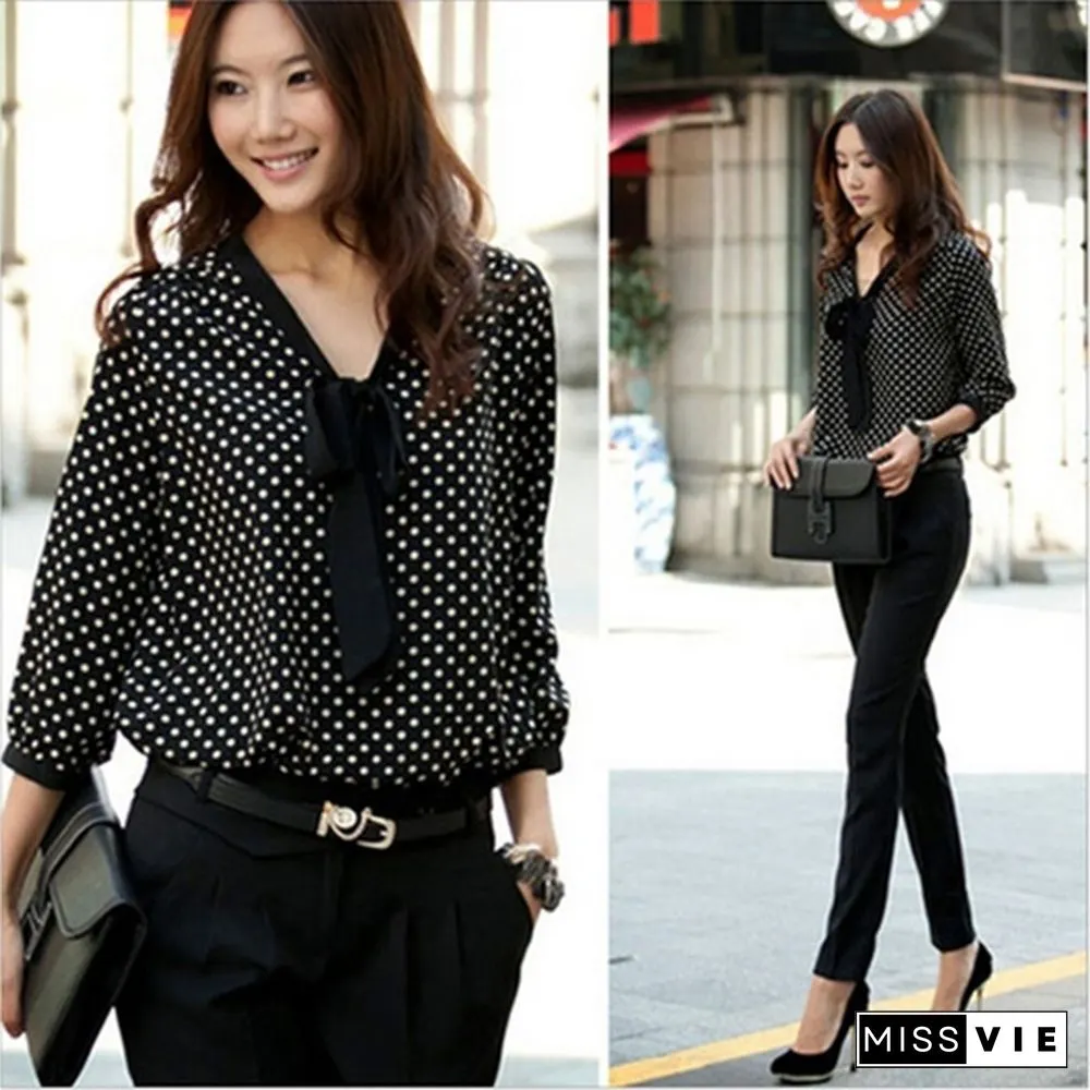 Spring And Summer Fashion Women Sweety Long Sleeve Chiffon Bowknot Shirt Hot Sale Casual O-Neck Dot Blouse Top