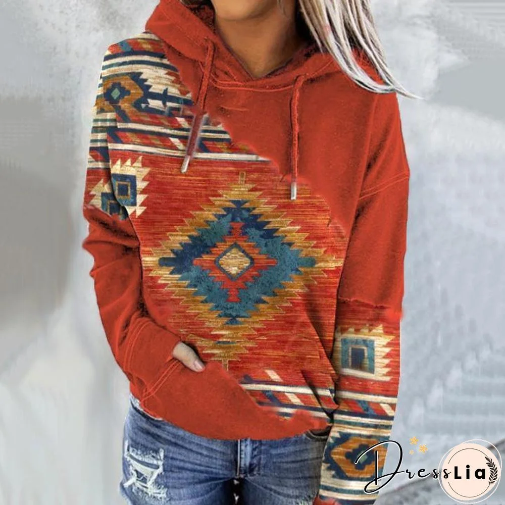 Round Neck Bohemia Printed Hoodie With Hat