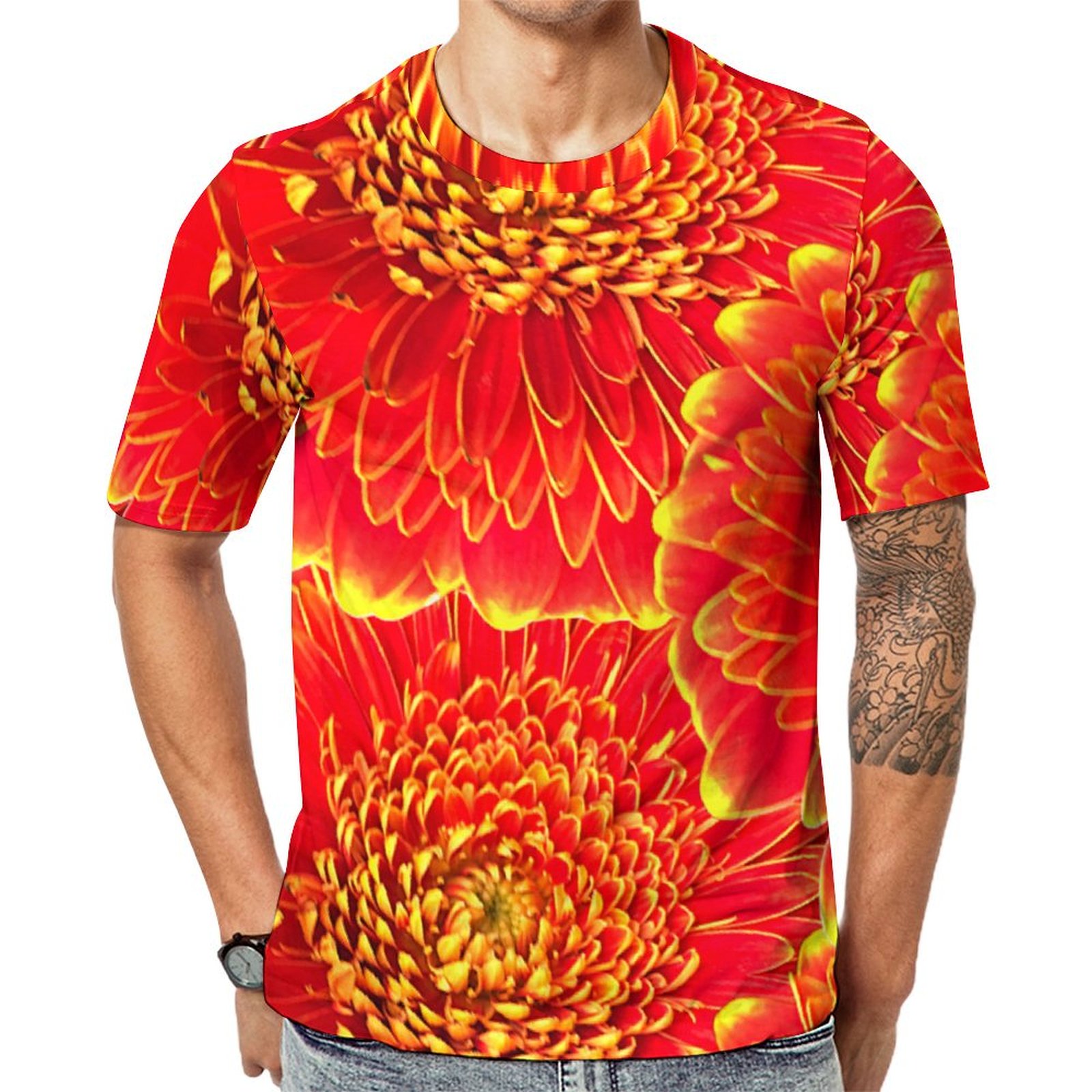 Elegant Red Yellow Florals Short Sleeve Print Unisex Tshirt Summer Casual Tees for Men and Women Coolcoshirts