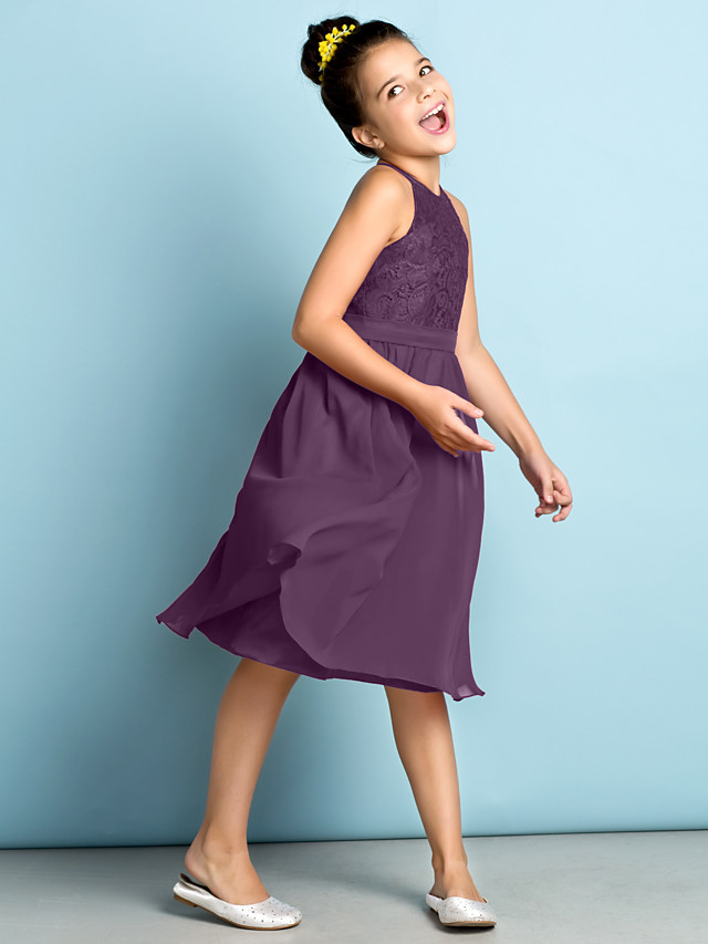 Daisda A-Line Jewel Neck Knee Length  Flower Girl Dress With Lace 