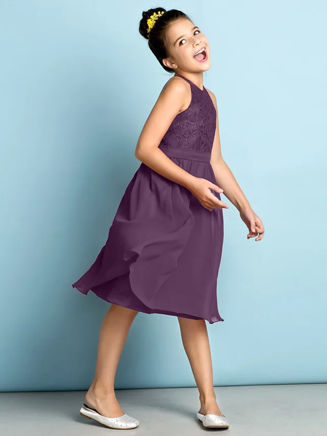 Daisda A-Line Jewel Neck Knee Length  Flower Girl Dress With Lace 