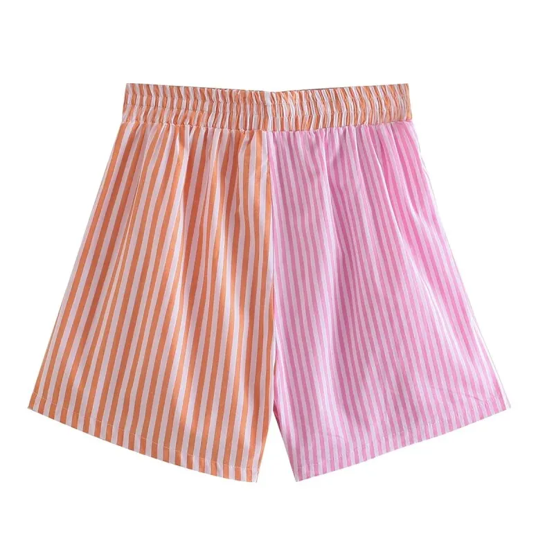 Stylish Chic Striped Patchwork Shorts Women 2021 Fashion Drawstring Tie Short Pants Female Casual Pantalones