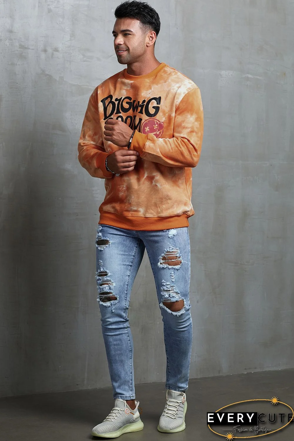 Orange Tie-dyed Letter Print Crew Neck Men's Graphic Sweatshirt